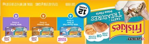 Friskies Purina Wet Cat Food Variety Pack, Tasty Treasures Prime Filets (with Ocean Fish and Tuna, with Chicken and with_Turkey) - 5.5 Ounce (Pack of 24)