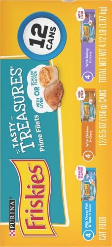 Friskies Purina Wet Cat Food Variety Pack, Tasty Treasures Prime Filets (with Ocean Fish and Tuna, with Chicken and with_Turkey) - 5.5 Ounce (Pack of 24)