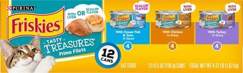 Friskies Purina Wet Cat Food Variety Pack, Tasty Treasures Prime Filets (with Ocean Fish and Tuna, with Chicken and with_Turkey) - 5.5 Ounce (Pack of 24)