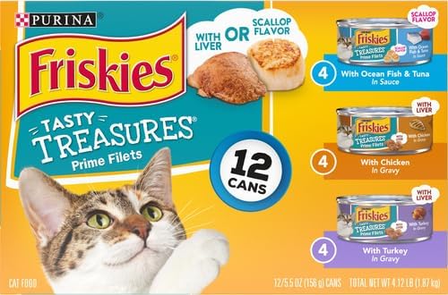 Friskies Purina Wet Cat Food Variety Pack, Tasty Treasures Prime Filets (with Ocean Fish and Tuna, with Chicken and with_Turkey) - 5.5 Ounce (Pack of 24)