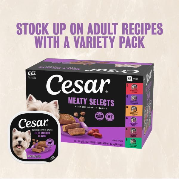 Cesar Classic Loaf in Sauce Wet Dog Food, Meaty Selects, 3.5 oz, 24 Count