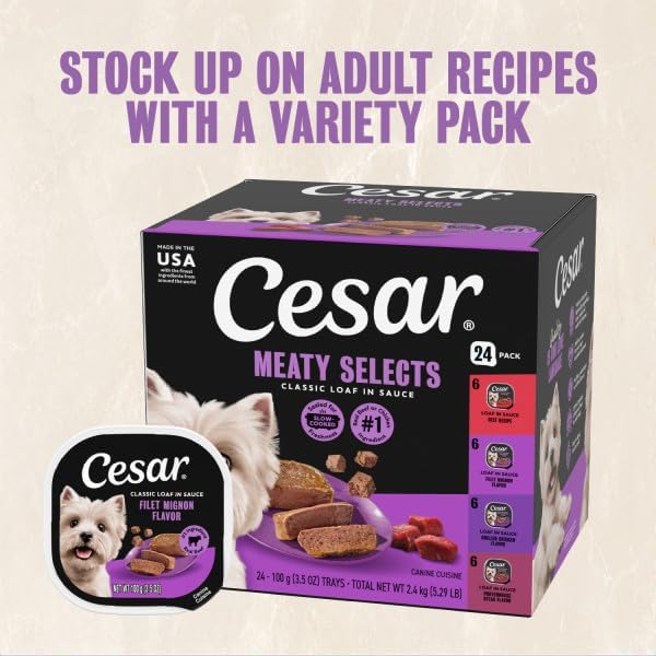 Cesar Classic Loaf in Sauce Wet Dog Food, Meaty Selects, 3.5 oz, 24 Count