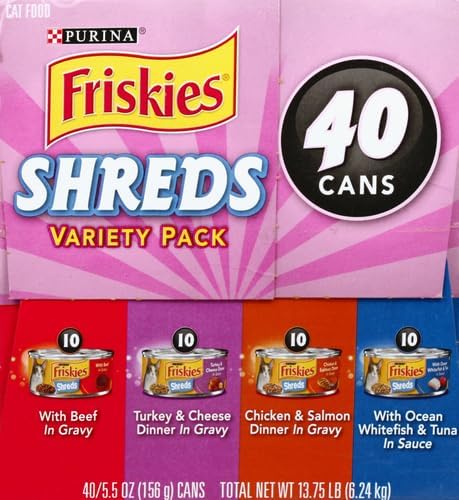 Purina Friskies Wet Cat Food Variety Pack, Shreds, 40 Pack 5.5 oz Cans