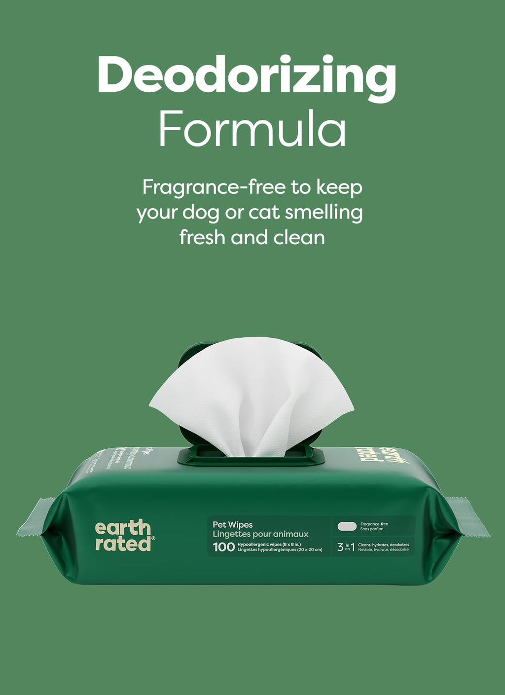 Earth Rated Pet Wipes for Dogs and Cats, Hypoallergenic, Cleaning and Hydrating, for Paws, Body and Butt (Eye Wipes Unscented, 70 Grooming Wipes)