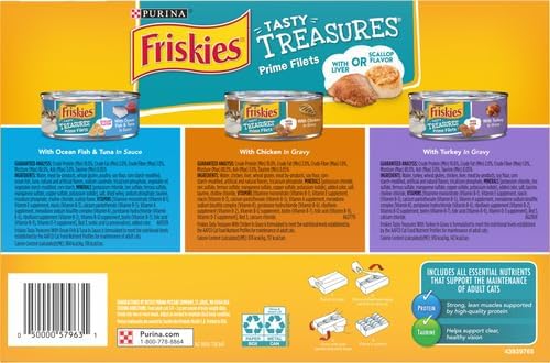Friskies Purina Wet Cat Food Variety Pack, Tasty Treasures Prime Filets (with Ocean Fish and Tuna, with Chicken and with_Turkey) - 5.5 Ounce (Pack of 24)