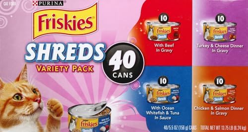 Purina Friskies Wet Cat Food Variety Pack, Shreds, 40 Pack 5.5 oz Cans