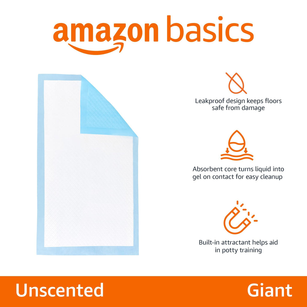 Amazon Basics X-Large Heavy Duty Absorbent Puppy Potty Pads, Leak-Proof, Quick-Dry, Super Absorbent Gel Technology for Dog Training, 28 x 34 Inches, Blue & White, Pack of 50