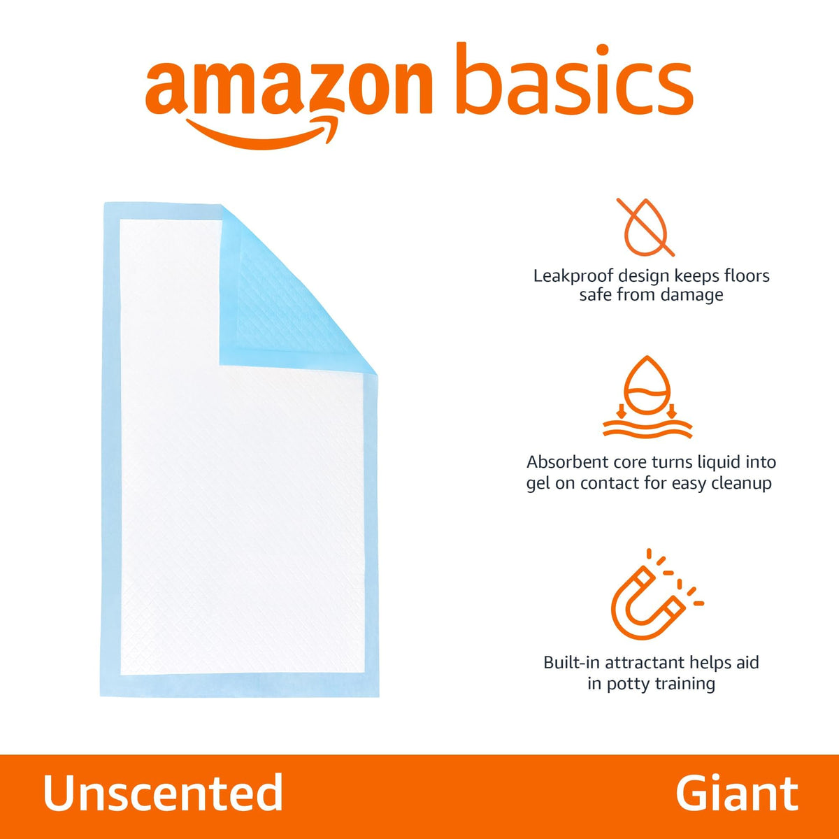 Amazon Basics X-Large Heavy Duty Absorbent Puppy Potty Pads, Leak-Proof, Quick-Dry, Super Absorbent Gel Technology for Dog Training, 28 x 34 Inches, Blue & White, Pack of 50