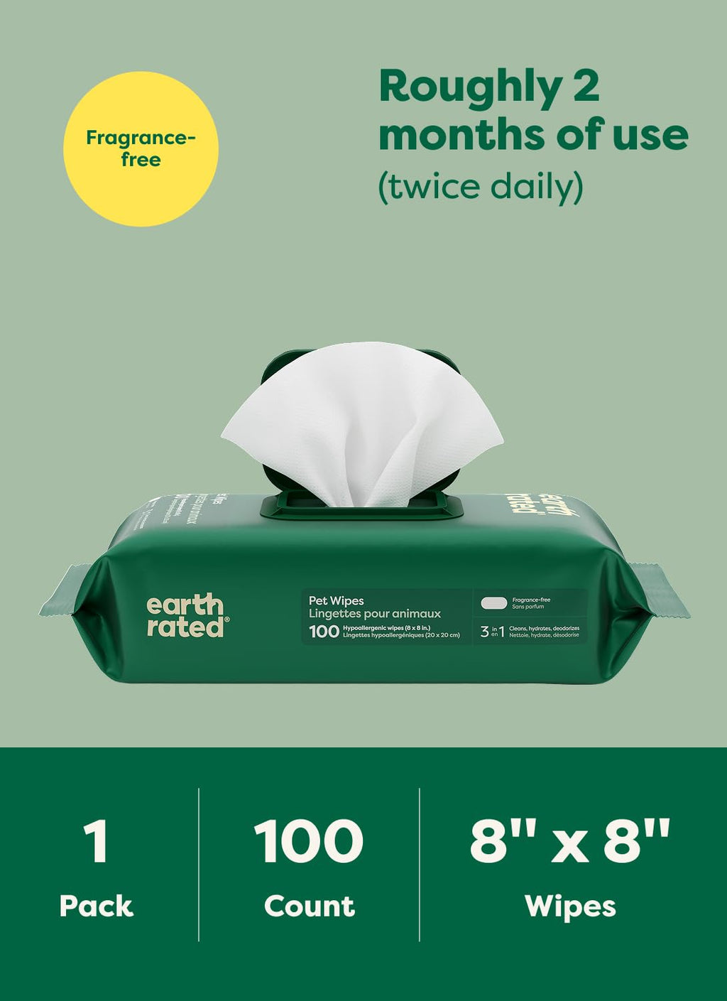 Earth Rated Pet Wipes for Dogs and Cats, Hypoallergenic, Cleaning and Hydrating, for Paws, Body and Butt (Eye Wipes Unscented, 70 Grooming Wipes)