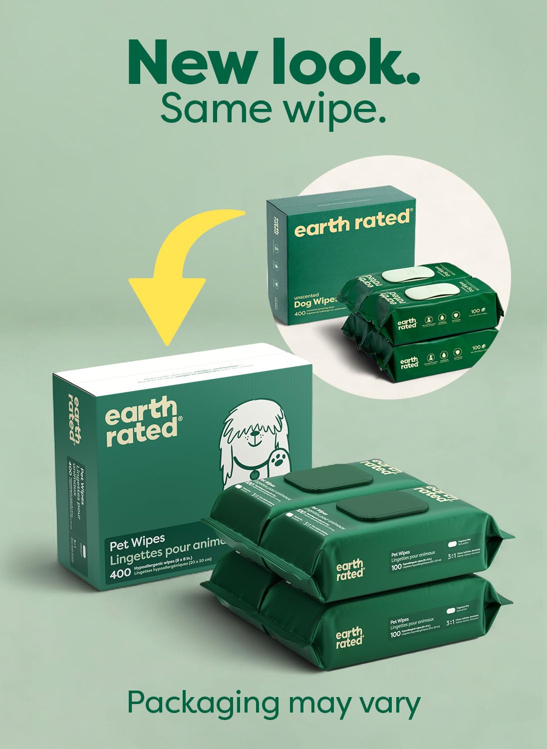 Earth Rated Pet Wipes for Dogs and Cats, Hypoallergenic, Cleaning and Hydrating, for Paws, Body and Butt (Eye Wipes Unscented, 70 Grooming Wipes)