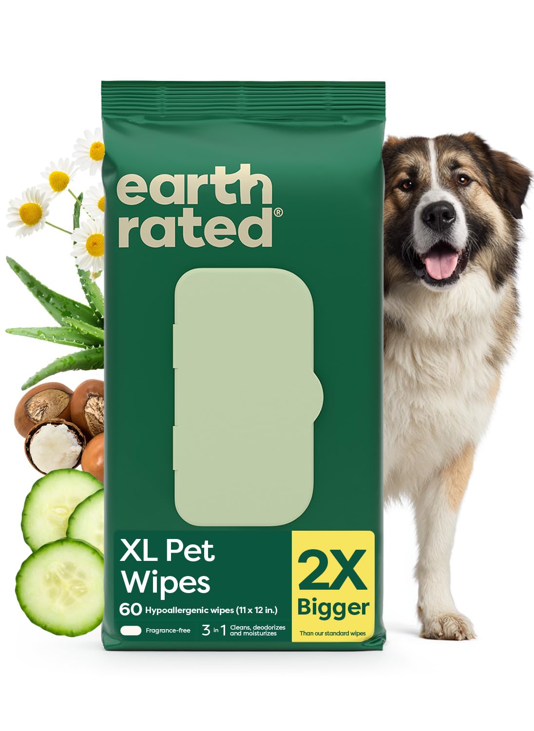 Earth Rated Pet Wipes for Dogs and Cats, Hypoallergenic, Cleaning and Hydrating, for Paws, Body and Butt (Eye Wipes Unscented, 70 Grooming Wipes)