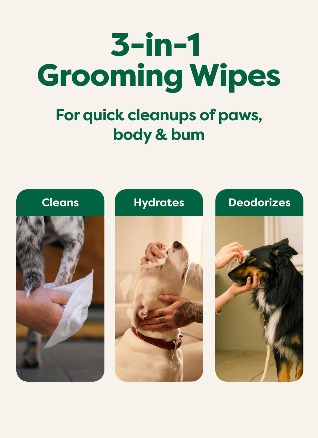 Earth Rated Pet Wipes for Dogs and Cats, Hypoallergenic, Cleaning and Hydrating, for Paws, Body and Butt (Eye Wipes Unscented, 70 Grooming Wipes)