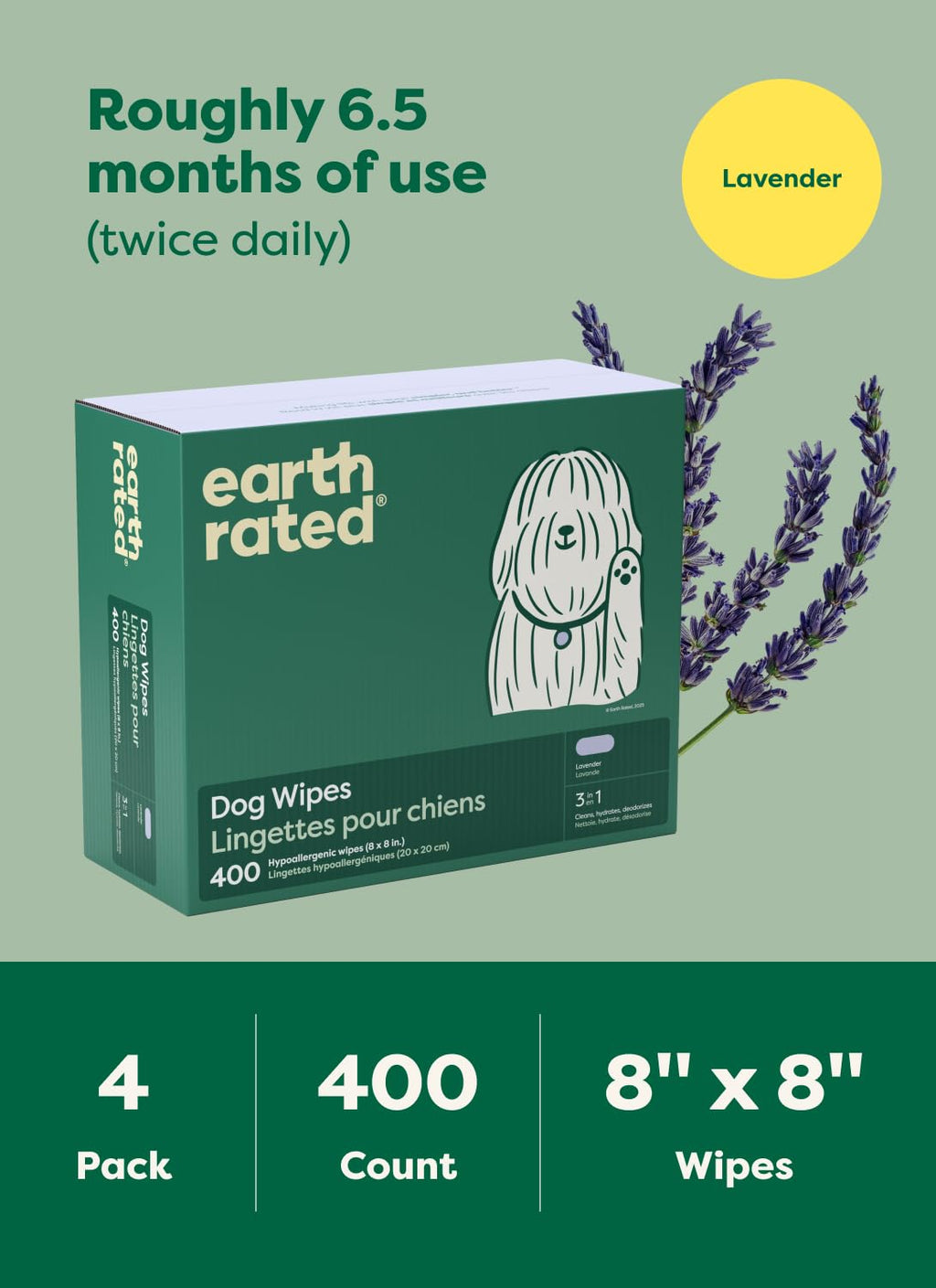 Earth Rated Pet Wipes for Dogs and Cats, Hypoallergenic, Cleaning and Hydrating, for Paws, Body and Butt (Eye Wipes Unscented, 70 Grooming Wipes)
