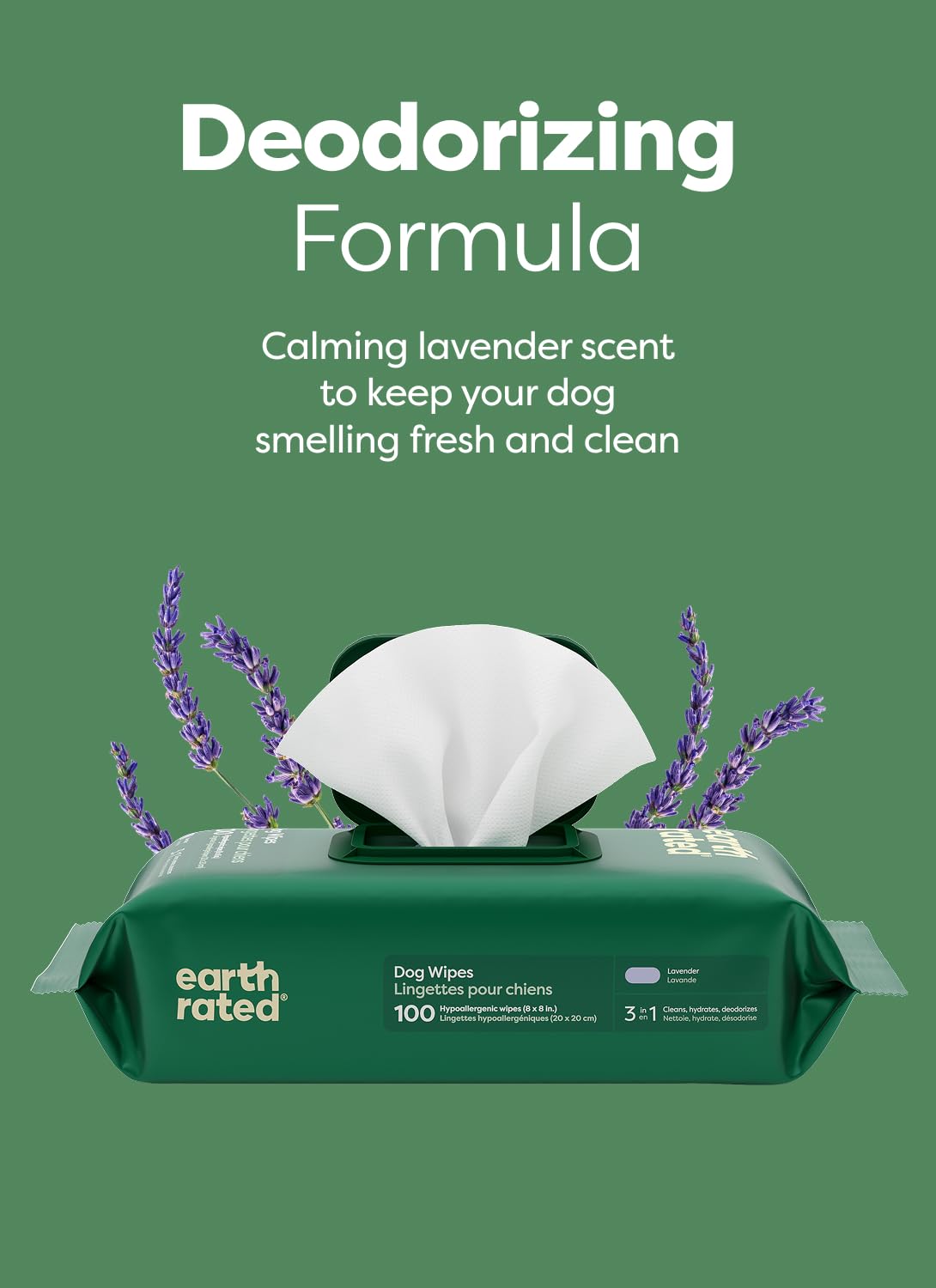 Earth Rated Pet Wipes for Dogs and Cats, Hypoallergenic, Cleaning and Hydrating, for Paws, Body and Butt (Eye Wipes Unscented, 70 Grooming Wipes)