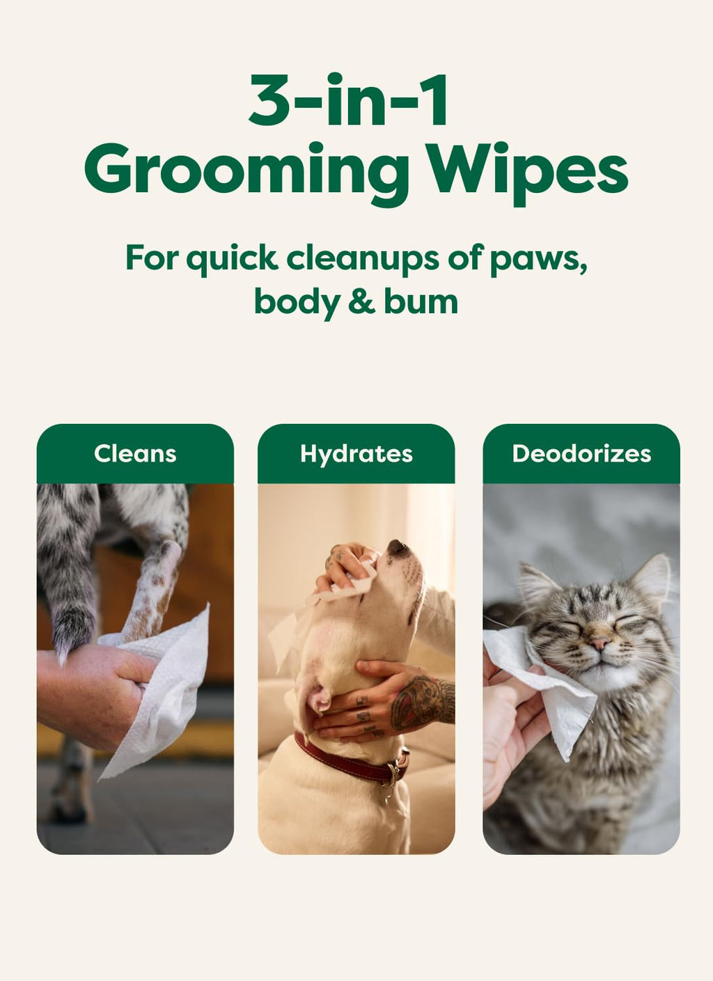 Earth Rated Pet Wipes for Dogs and Cats, Hypoallergenic, Cleaning and Hydrating, for Paws, Body and Butt (Eye Wipes Unscented, 70 Grooming Wipes)
