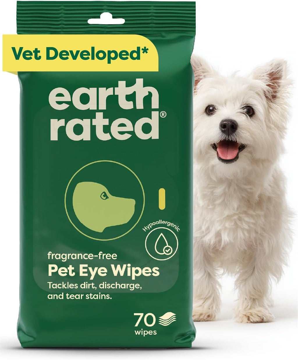Earth Rated Pet Wipes for Dogs and Cats, Hypoallergenic, Cleaning and Hydrating, for Paws, Body and Butt (Eye Wipes Unscented, 70 Grooming Wipes)