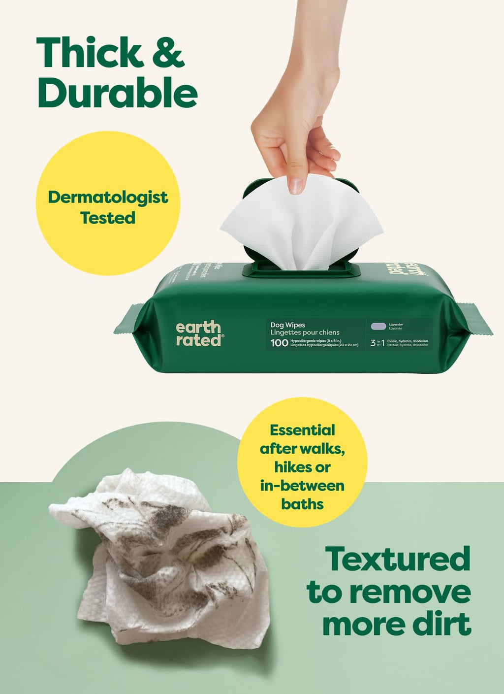 Earth Rated Pet Wipes for Dogs and Cats, Hypoallergenic, Cleaning and Hydrating, for Paws, Body and Butt (Eye Wipes Unscented, 70 Grooming Wipes)