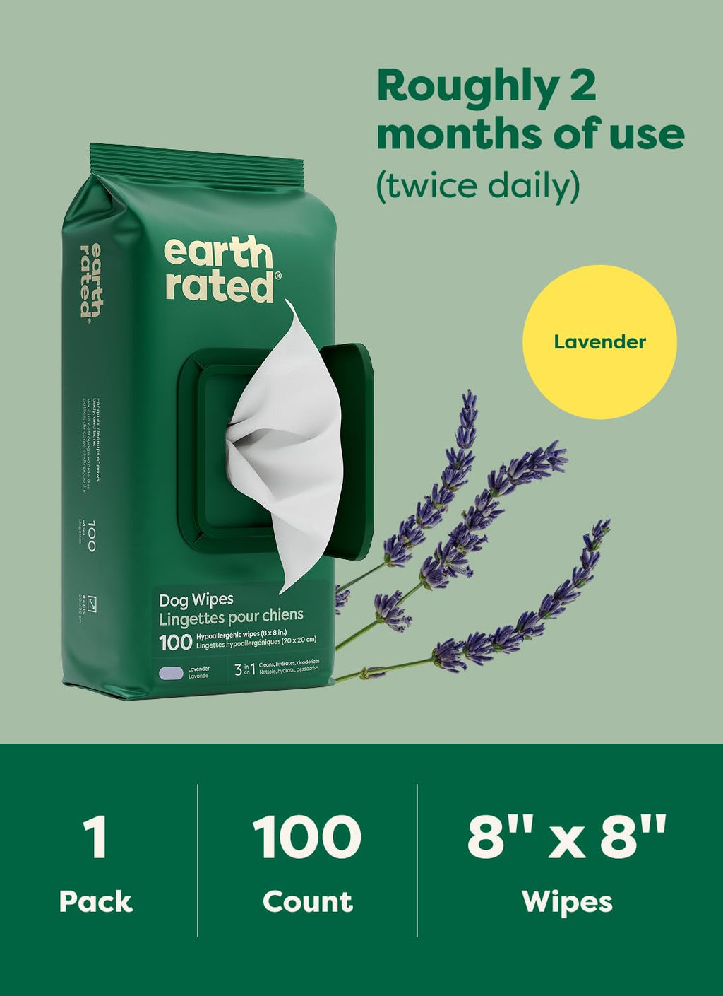 Earth Rated Pet Wipes for Dogs and Cats, Hypoallergenic, Cleaning and Hydrating, for Paws, Body and Butt (Eye Wipes Unscented, 70 Grooming Wipes)