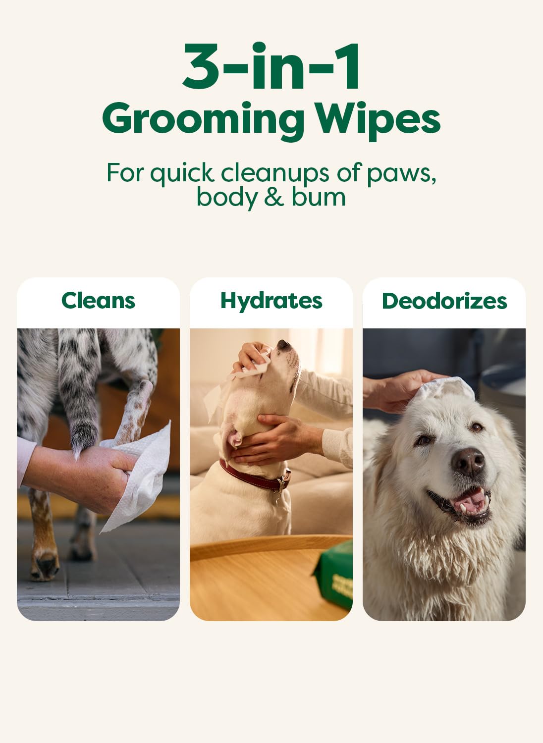 Earth Rated Pet Wipes for Dogs and Cats, Hypoallergenic, Cleaning and Hydrating, for Paws, Body and Butt (Eye Wipes Unscented, 70 Grooming Wipes)