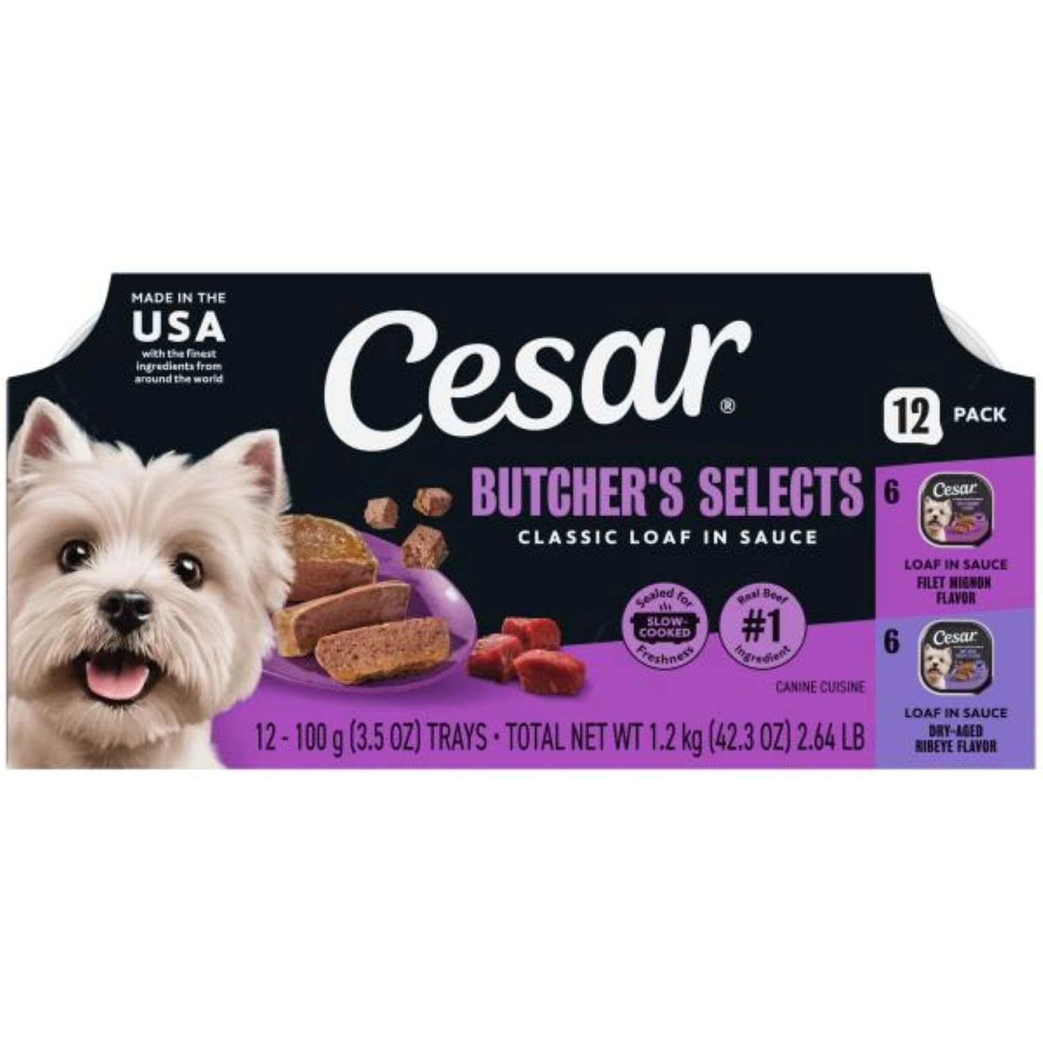 Cesar Classic Loaf in Sauce Wet Dog Food, Meaty Selects, 3.5 oz, 24 Count