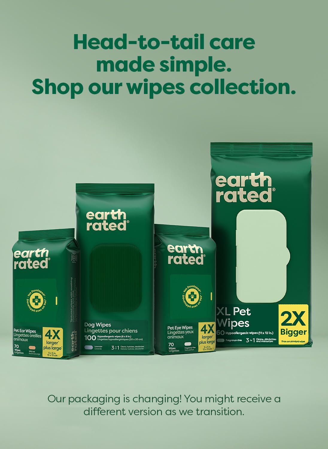 Earth Rated Pet Wipes for Dogs and Cats, Hypoallergenic, Cleaning and Hydrating, for Paws, Body and Butt (Eye Wipes Unscented, 70 Grooming Wipes)