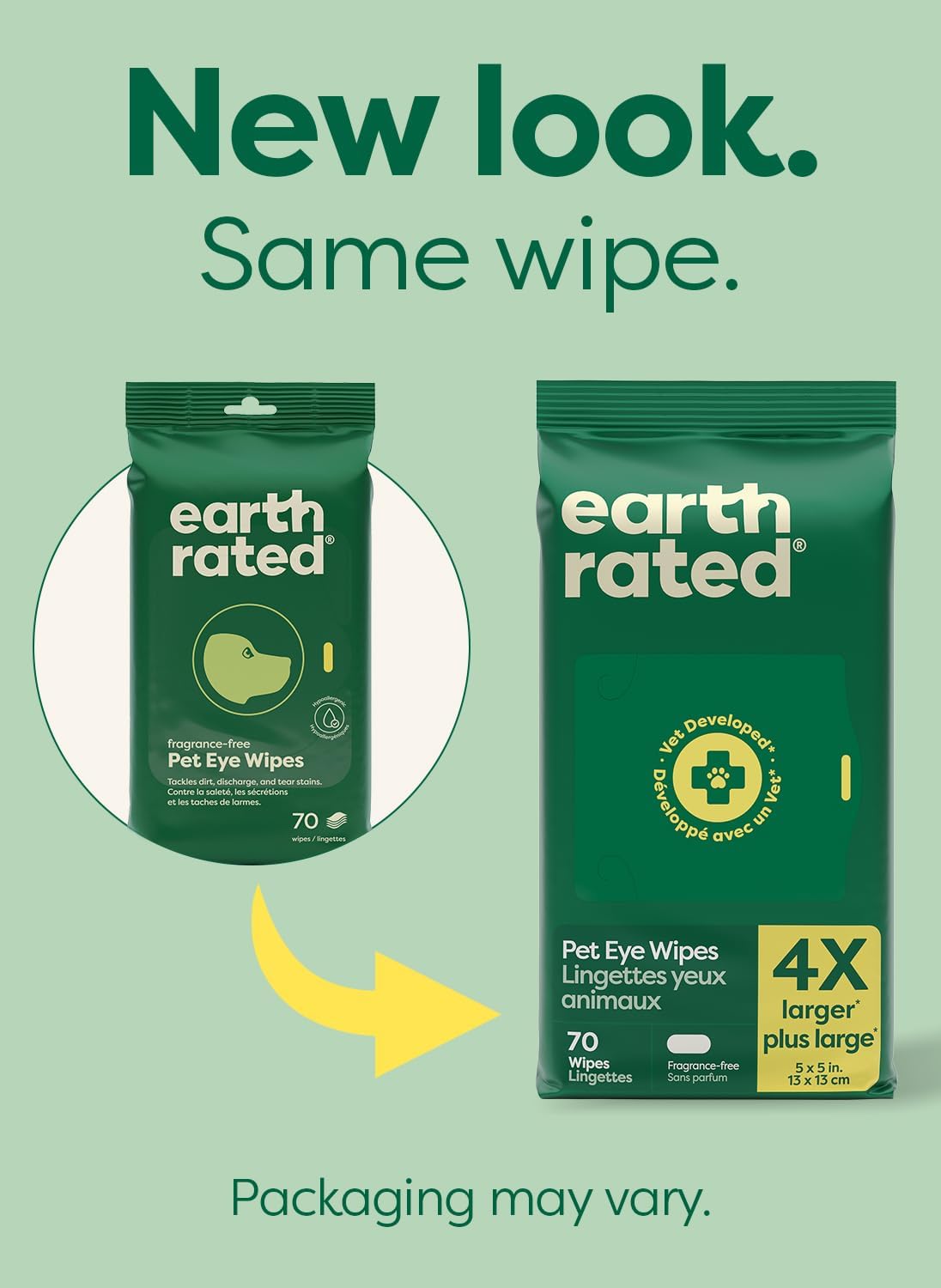Earth Rated Pet Wipes for Dogs and Cats, Hypoallergenic, Cleaning and Hydrating, for Paws, Body and Butt (Eye Wipes Unscented, 70 Grooming Wipes)