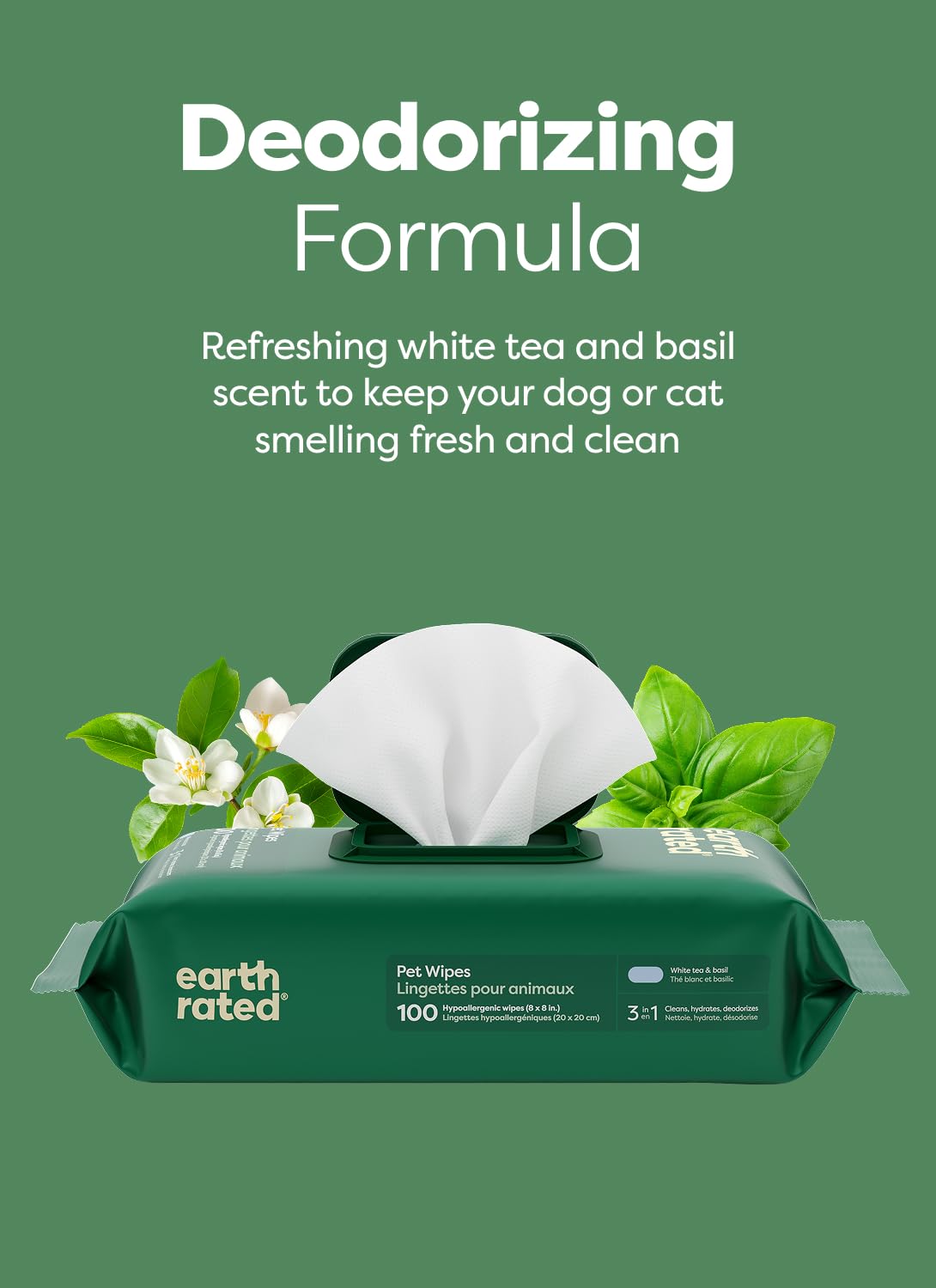 Earth Rated Pet Wipes for Dogs and Cats, Hypoallergenic, Cleaning and Hydrating, for Paws, Body and Butt (Eye Wipes Unscented, 70 Grooming Wipes)