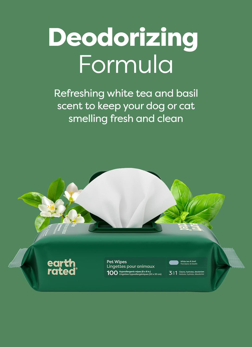 Earth Rated Pet Wipes for Dogs and Cats, Hypoallergenic, Cleaning and Hydrating, for Paws, Body and Butt (Eye Wipes Unscented, 70 Grooming Wipes)