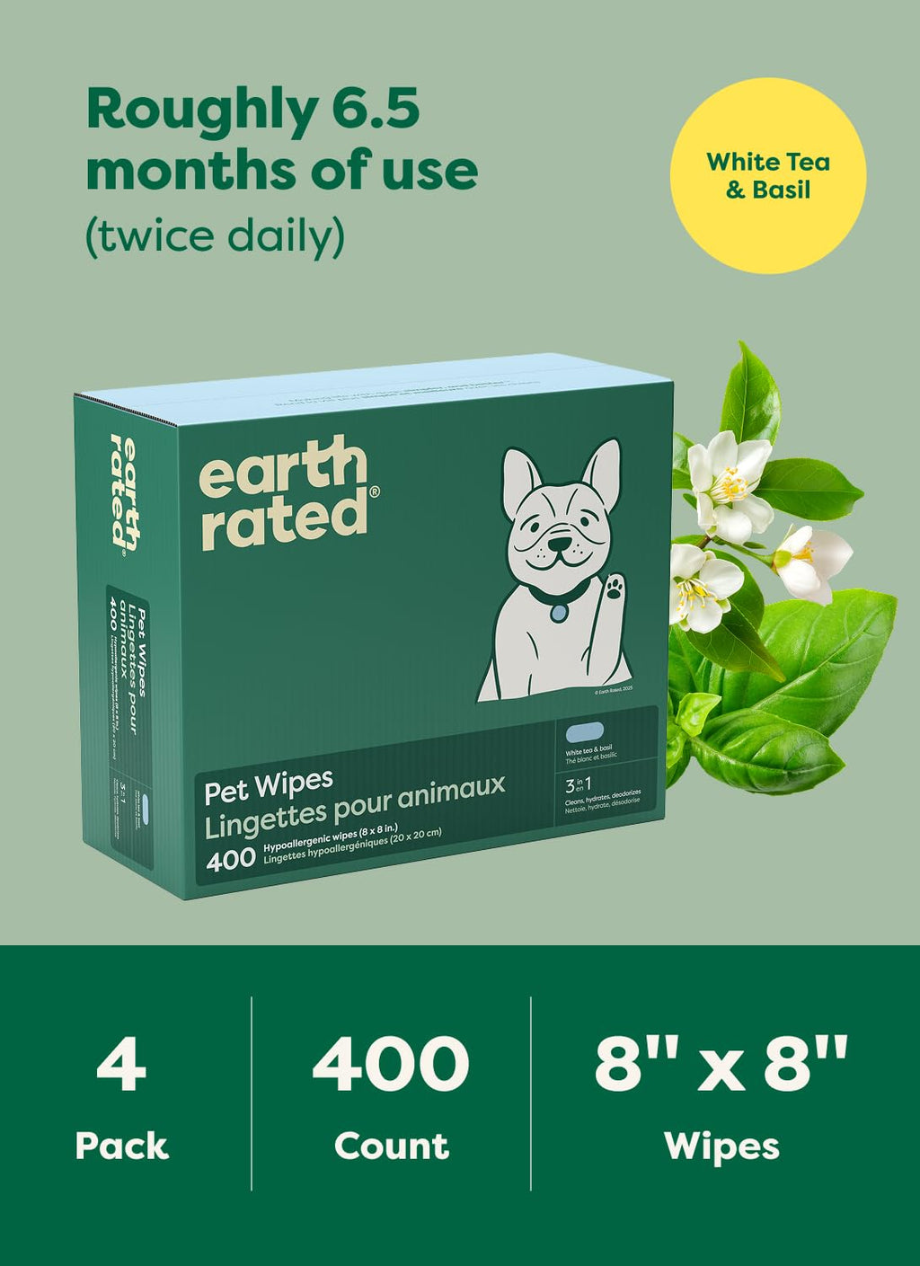 Earth Rated Pet Wipes for Dogs and Cats, Hypoallergenic, Cleaning and Hydrating, for Paws, Body and Butt (Eye Wipes Unscented, 70 Grooming Wipes)