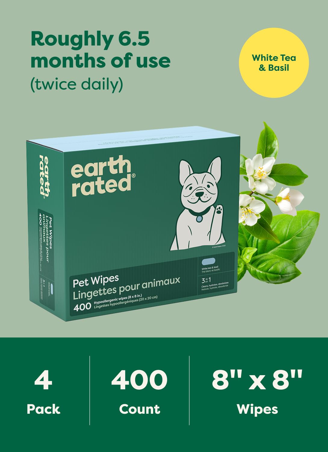 Earth Rated Pet Wipes for Dogs and Cats, Hypoallergenic, Cleaning and Hydrating, for Paws, Body and Butt (Eye Wipes Unscented, 70 Grooming Wipes)