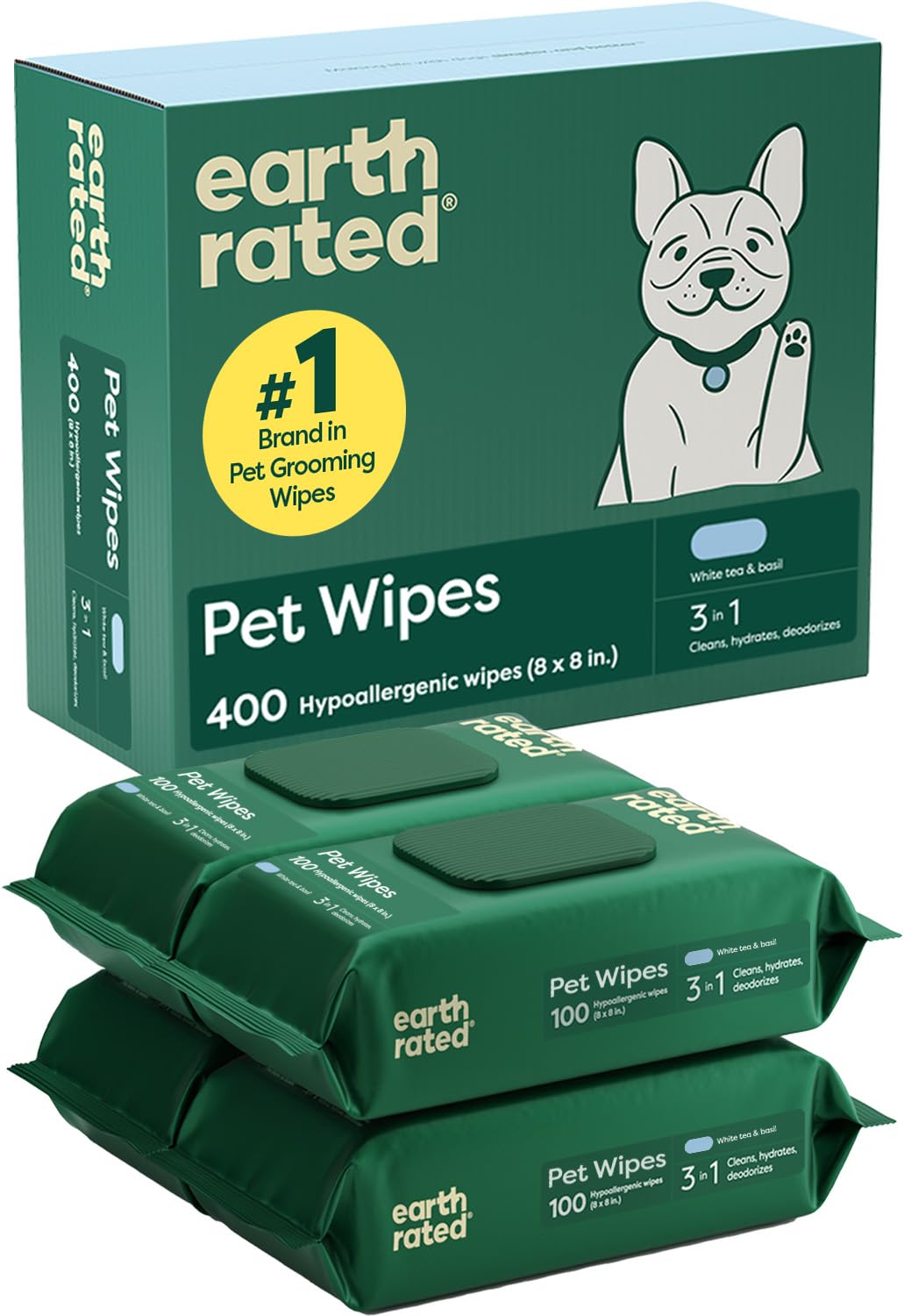 Earth Rated Pet Wipes for Dogs and Cats, Hypoallergenic, Cleaning and Hydrating, for Paws, Body and Butt (Eye Wipes Unscented, 70 Grooming Wipes)