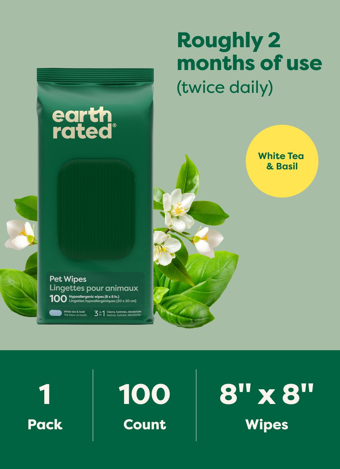 Earth Rated Pet Wipes for Dogs and Cats, Hypoallergenic, Cleaning and Hydrating, for Paws, Body and Butt (Eye Wipes Unscented, 70 Grooming Wipes)