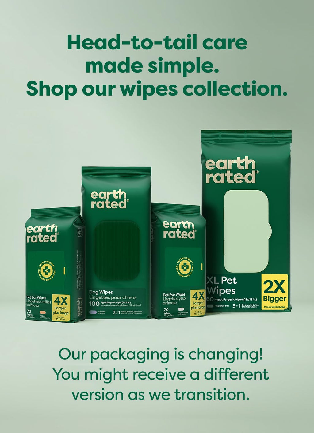 Earth Rated Pet Wipes for Dogs and Cats, Hypoallergenic, Cleaning and Hydrating, for Paws, Body and Butt (Eye Wipes Unscented, 70 Grooming Wipes)