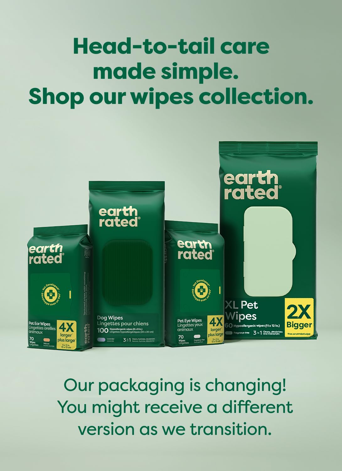 Earth Rated Pet Wipes for Dogs and Cats, Hypoallergenic, Cleaning and Hydrating, for Paws, Body and Butt (Eye Wipes Unscented, 70 Grooming Wipes)