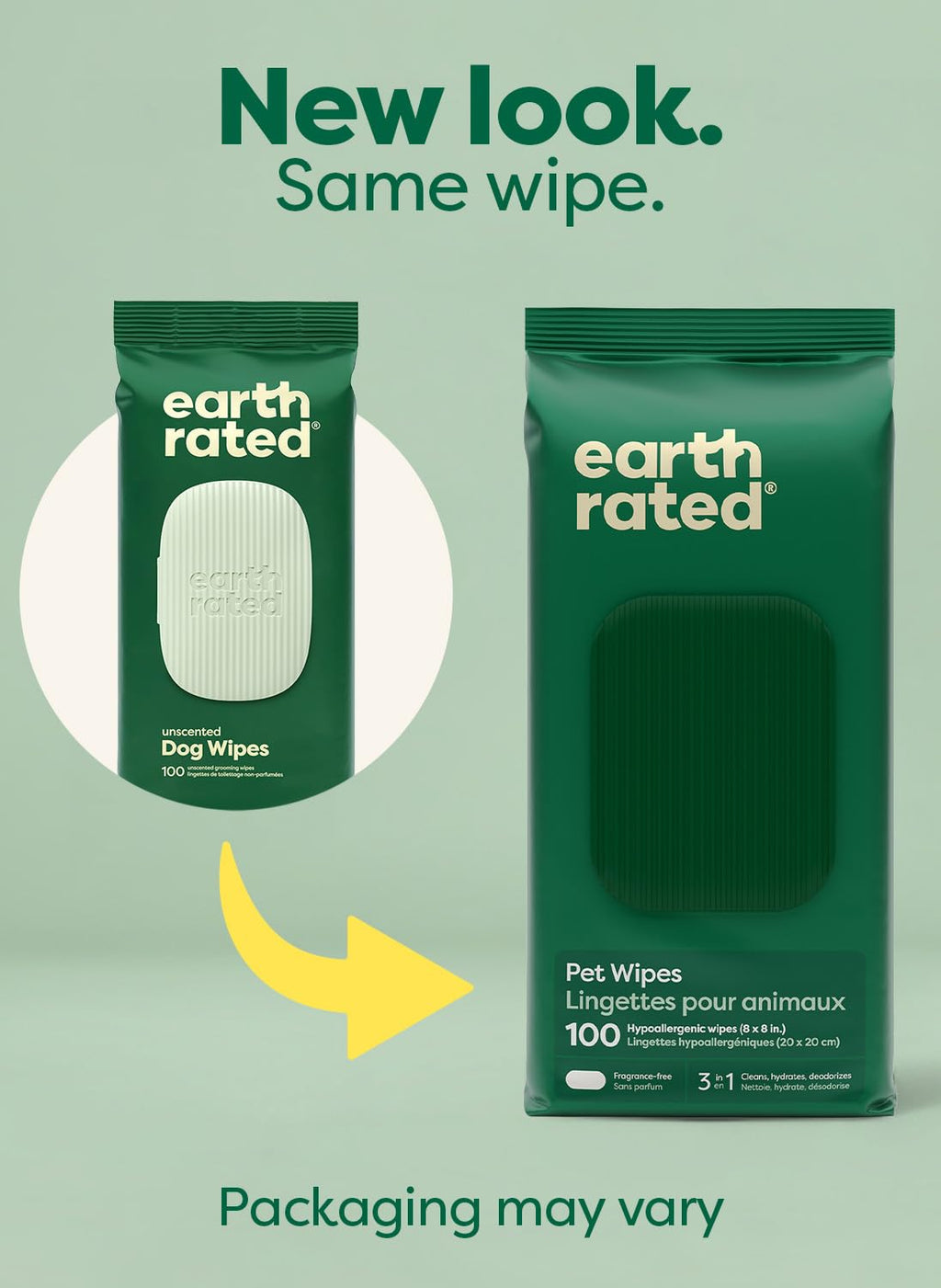 Earth Rated Pet Wipes for Dogs and Cats, Hypoallergenic, Cleaning and Hydrating, for Paws, Body and Butt (Eye Wipes Unscented, 70 Grooming Wipes)