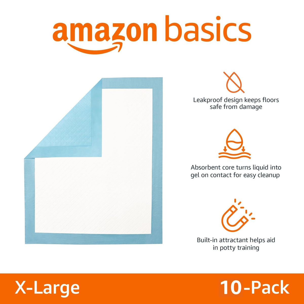 Amazon Basics X-Large Heavy Duty Absorbent Puppy Potty Pads, Leak-Proof, Quick-Dry, Super Absorbent Gel Technology for Dog Training, 28 x 34 Inches, Blue & White, Pack of 50