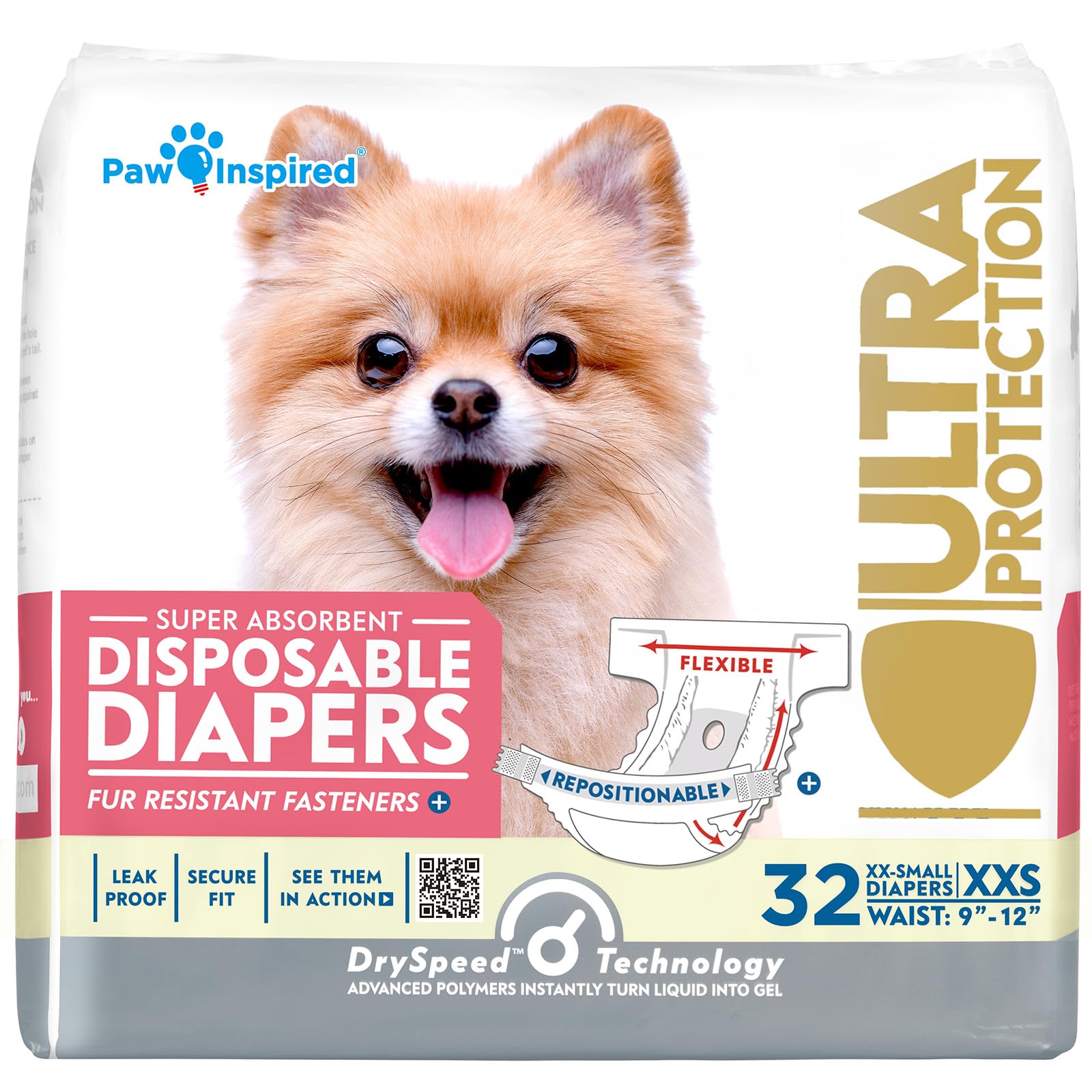 Paw Inspired 32ct Disposable Dog Diapers | Female Dog Diapers Ultra Protection | Diapers for Dogs in Heat, Excitable Urination, or Incontinence (Medium)
