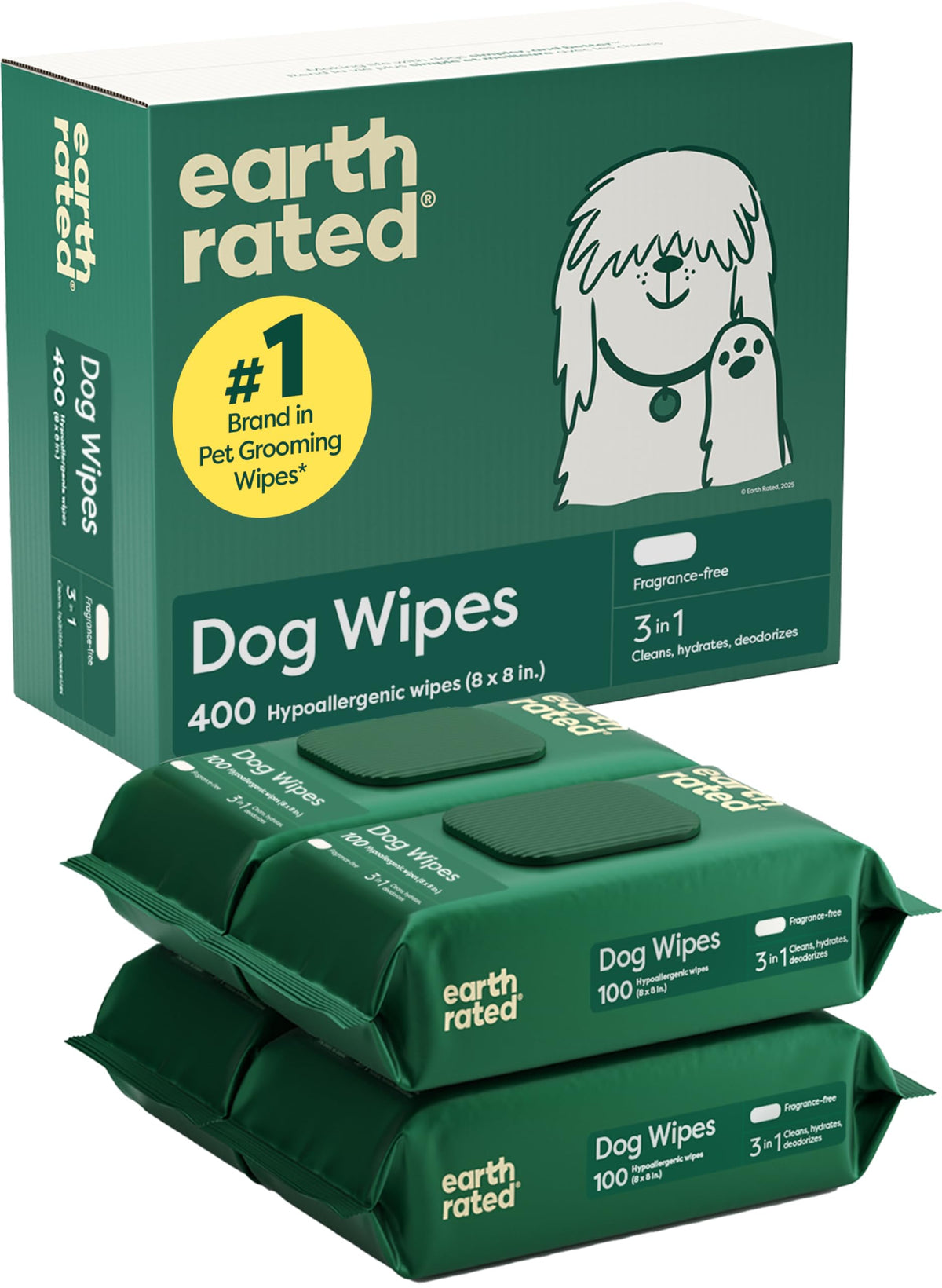 Earth Rated Pet Wipes for Dogs and Cats, Hypoallergenic, Cleaning and Hydrating, for Paws, Body and Butt (Eye Wipes Unscented, 70 Grooming Wipes)
