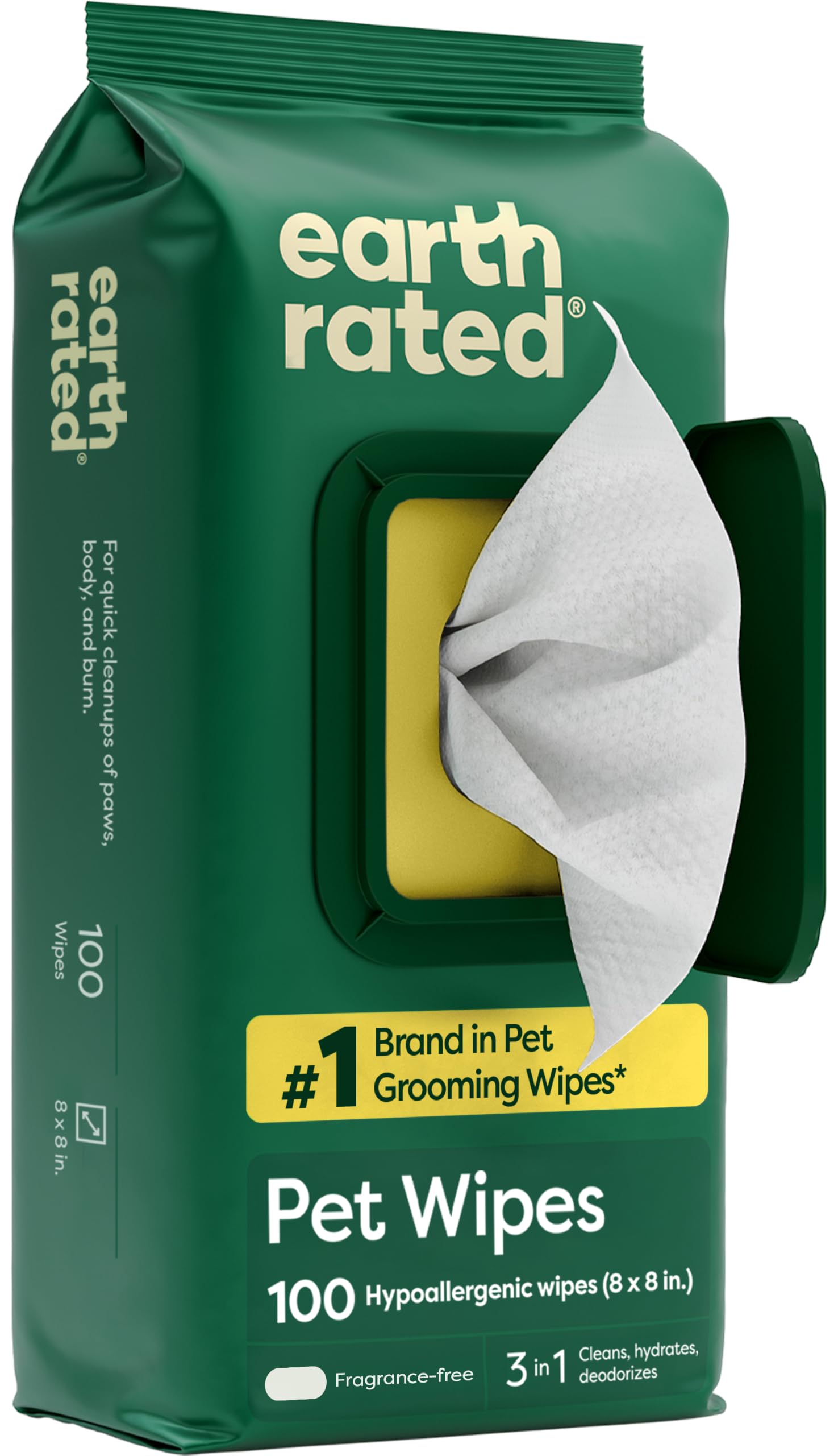 Earth Rated Pet Wipes for Dogs and Cats, Hypoallergenic, Cleaning and Hydrating, for Paws, Body and Butt (Eye Wipes Unscented, 70 Grooming Wipes)