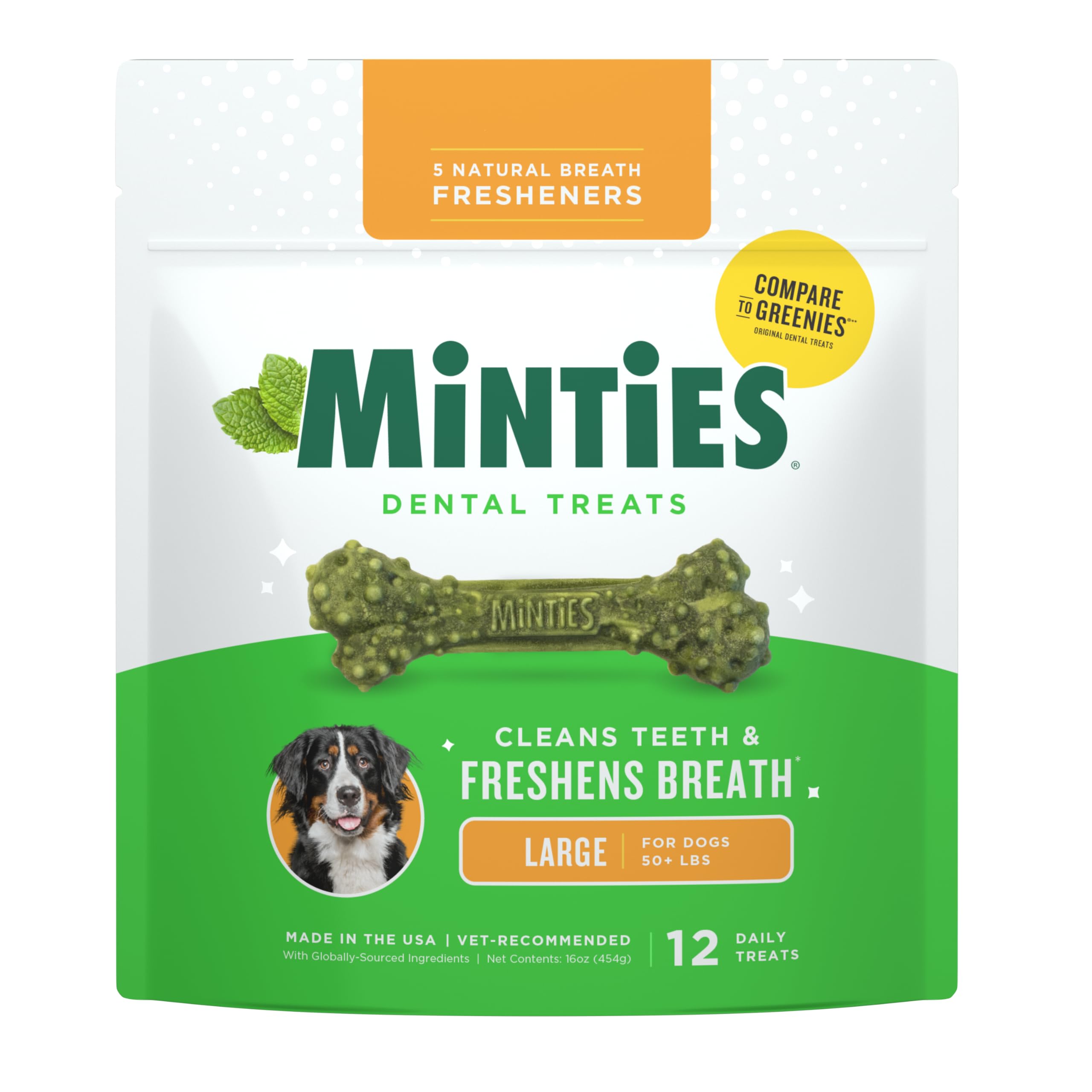 Minties Dental Chews for Dogs, 36 Count, Vet-Recommended Mint-Flavored Dog Treats for Large Breeds Over 50 lbs, Dental Bones Clean Teeth, Fight Bad Breath, Removes Plaque and Tartar