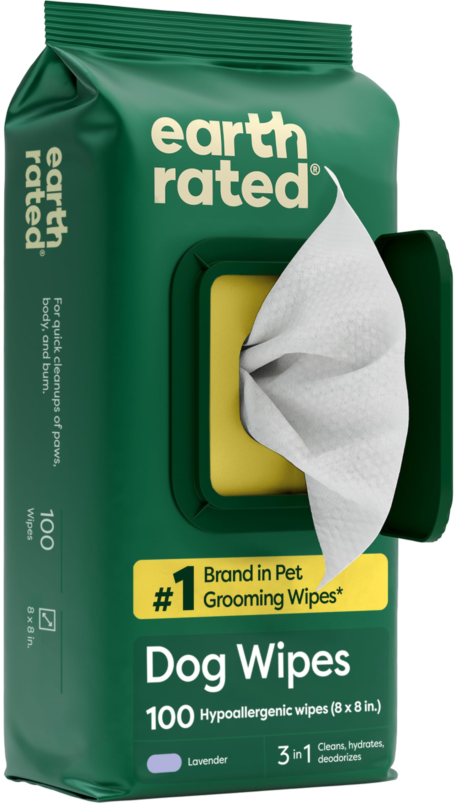 Earth Rated Pet Wipes for Dogs and Cats, Hypoallergenic, Cleaning and Hydrating, for Paws, Body and Butt (Eye Wipes Unscented, 70 Grooming Wipes)