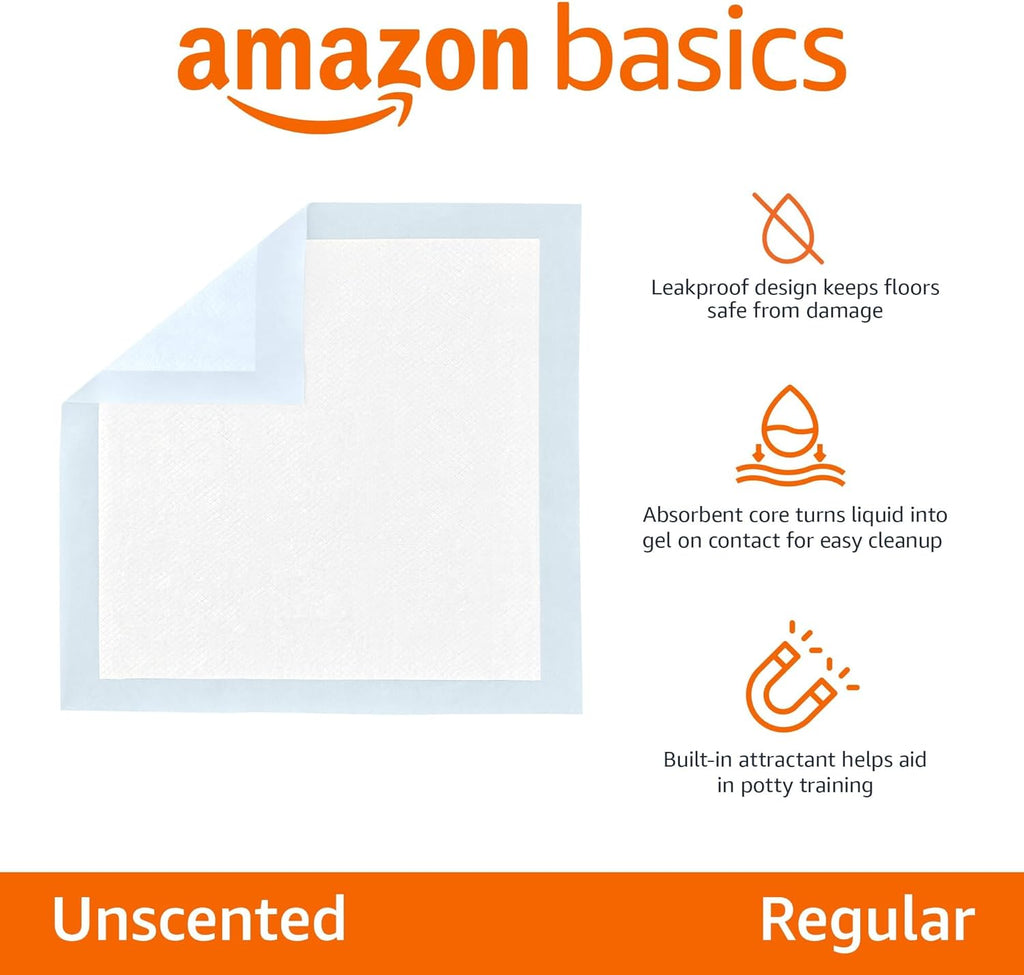 Amazon Basics Leak-Proof Dog and Puppy Potty Training Pee Pads with Quick-Dry 5-Layer Super Absorbent Design, Regular Size 22 x 22 inch, Blue & White, 100 Count