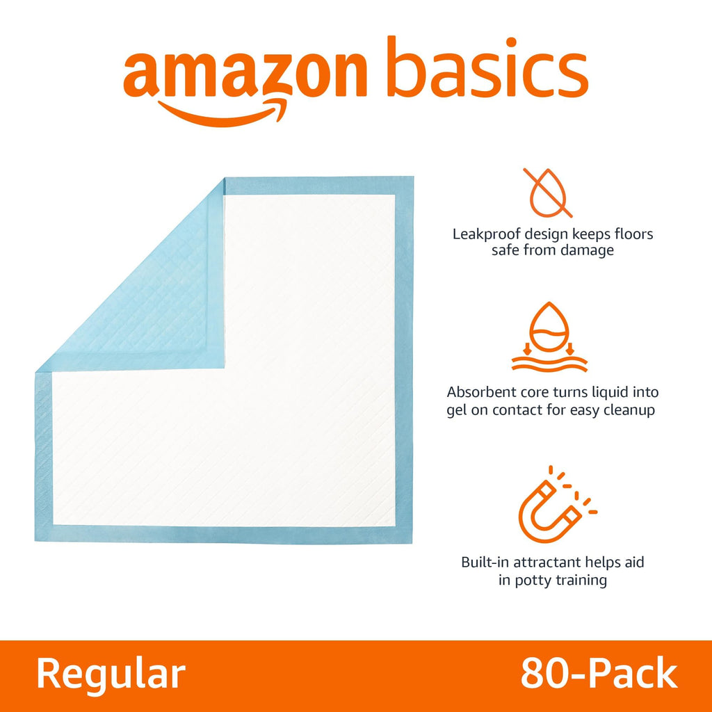 Amazon Basics X-Large Heavy Duty Absorbent Puppy Potty Pads, Leak-Proof, Quick-Dry, Super Absorbent Gel Technology for Dog Training, 28 x 34 Inches, Blue & White, Pack of 50