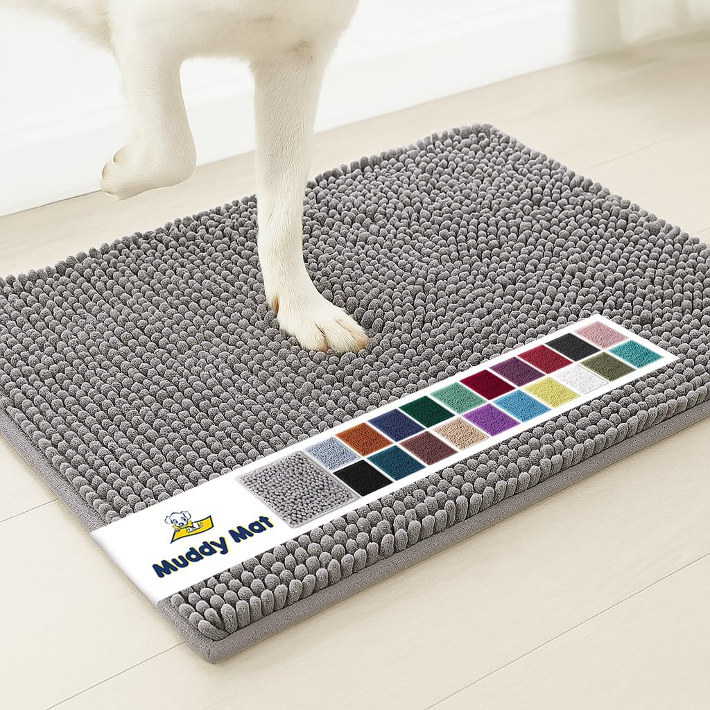 Muddy Mat® | Super Water Absorbent Door Mat Indoor, Microfiber Quick Dry Chenille Entryway Rug, Slip Resistant Front Door Mat, Indoor Mats for Entryway, Machine Washable Pet Rug, Grey 30"x19"