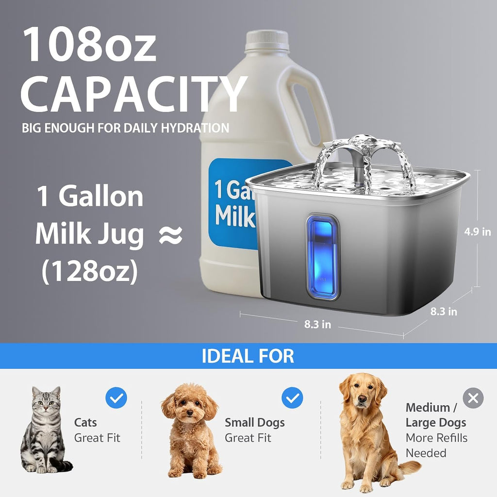Veken Innovation Award Winner Stainless Steel Cat Water Fountain, 108oz