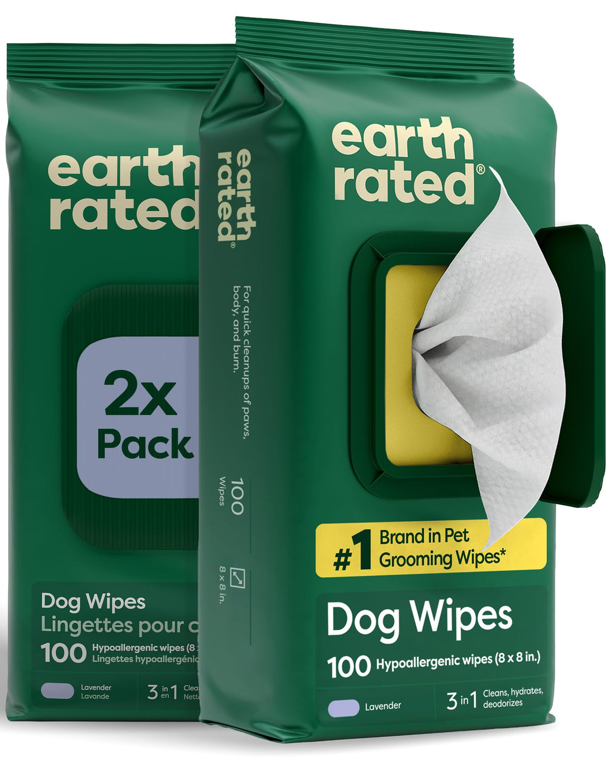 Earth Rated Pet Wipes for Dogs and Cats, Hypoallergenic, Cleaning and Hydrating, for Paws, Body and Butt (Eye Wipes Unscented, 70 Grooming Wipes)