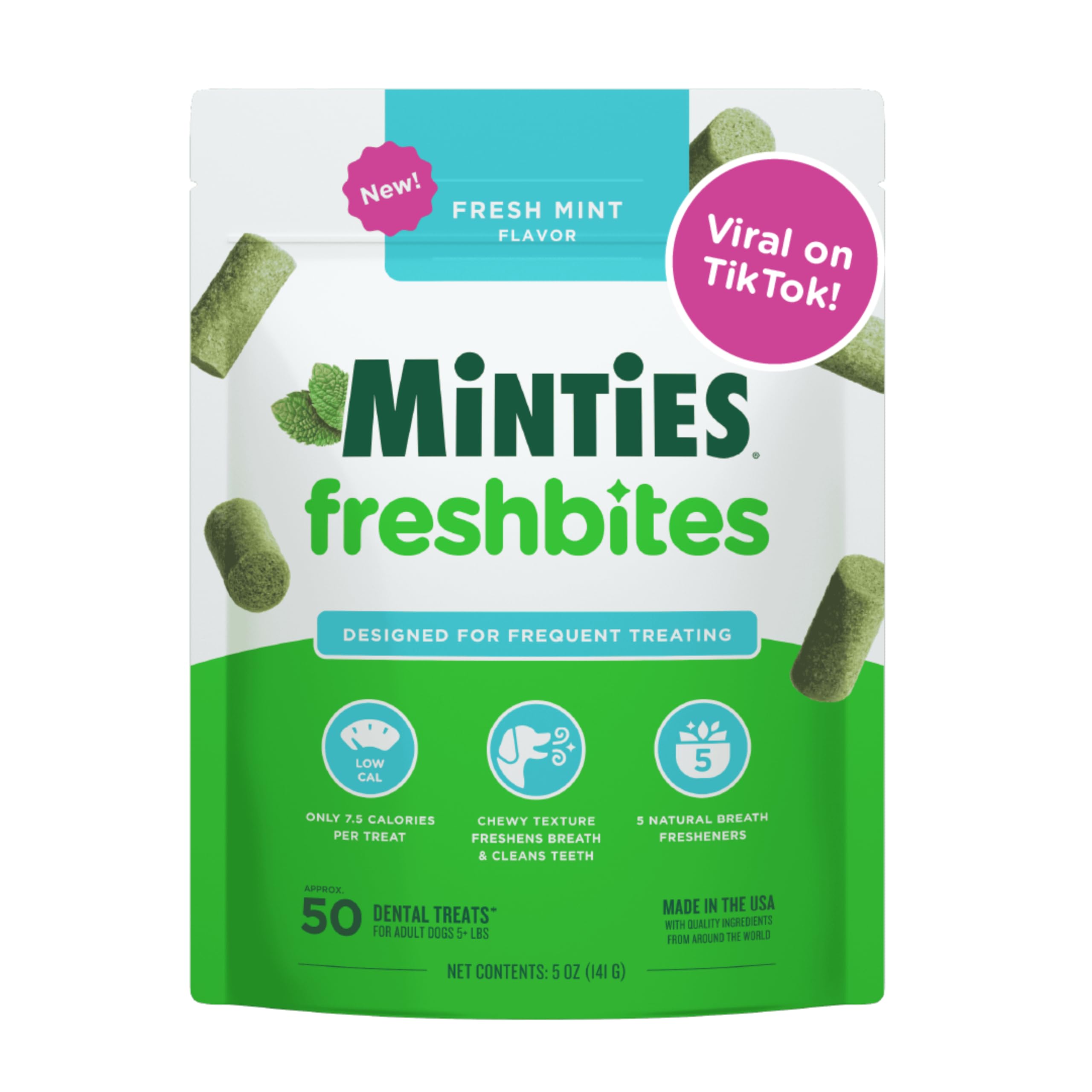 Minties Dental Chews for Dogs, 36 Count, Vet-Recommended Mint-Flavored Dog Treats for Large Breeds Over 50 lbs, Dental Bones Clean Teeth, Fight Bad Breath, Removes Plaque and Tartar