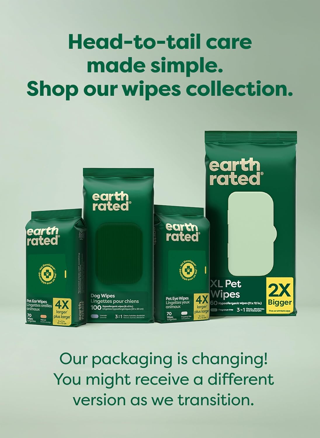Earth Rated Pet Wipes for Dogs and Cats, Hypoallergenic, Cleaning and Hydrating, for Paws, Body and Butt (Eye Wipes Unscented, 70 Grooming Wipes)