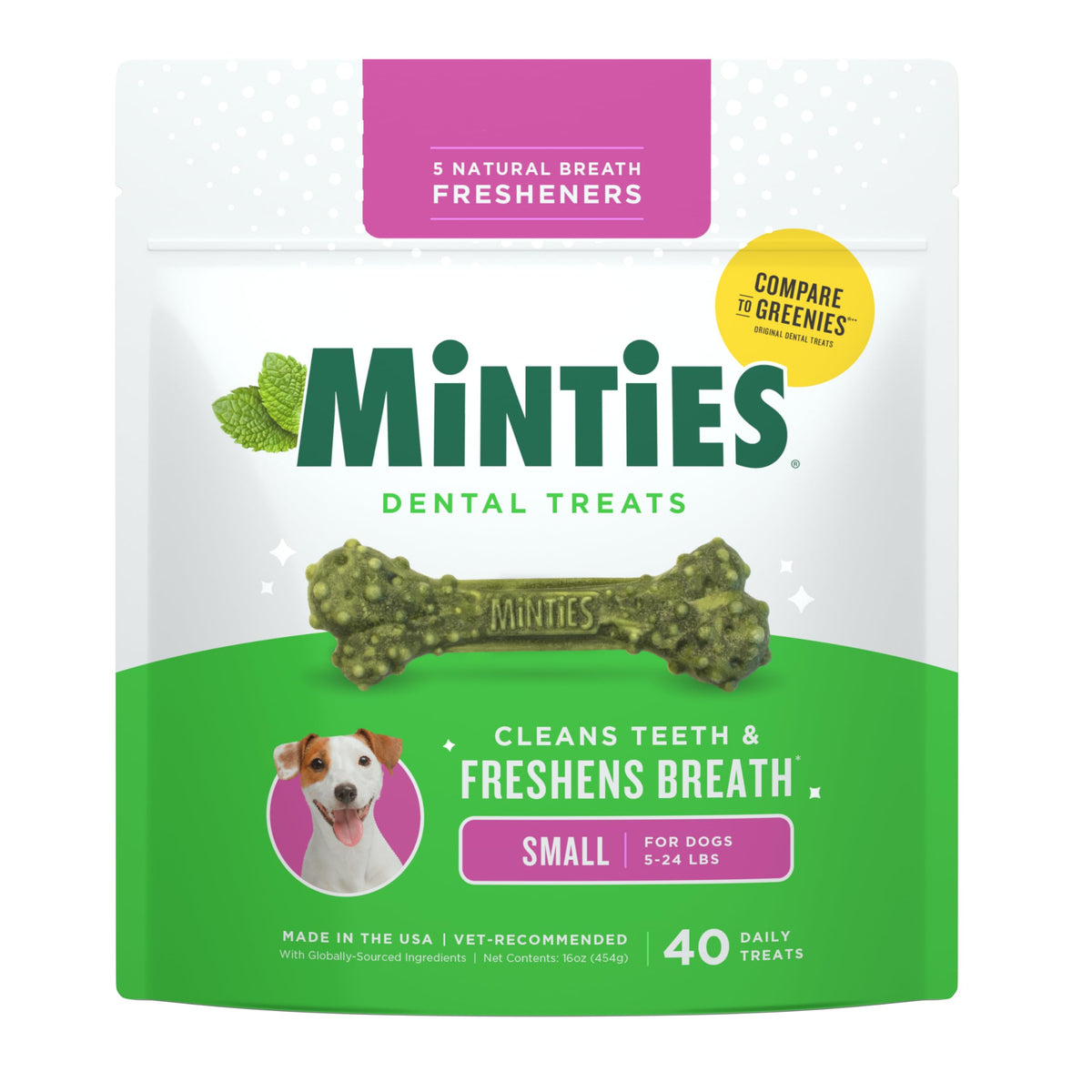 Minties Dental Chews for Dogs, 36 Count, Vet-Recommended Mint-Flavored Dog Treats for Large Breeds Over 50 lbs, Dental Bones Clean Teeth, Fight Bad Breath, Removes Plaque and Tartar