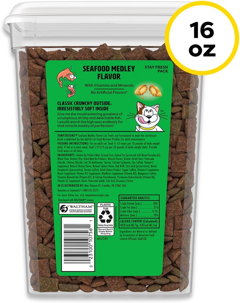 Temptations Classic Crunchy and Soft Cat Treats, Seafood Medley, 16 oz